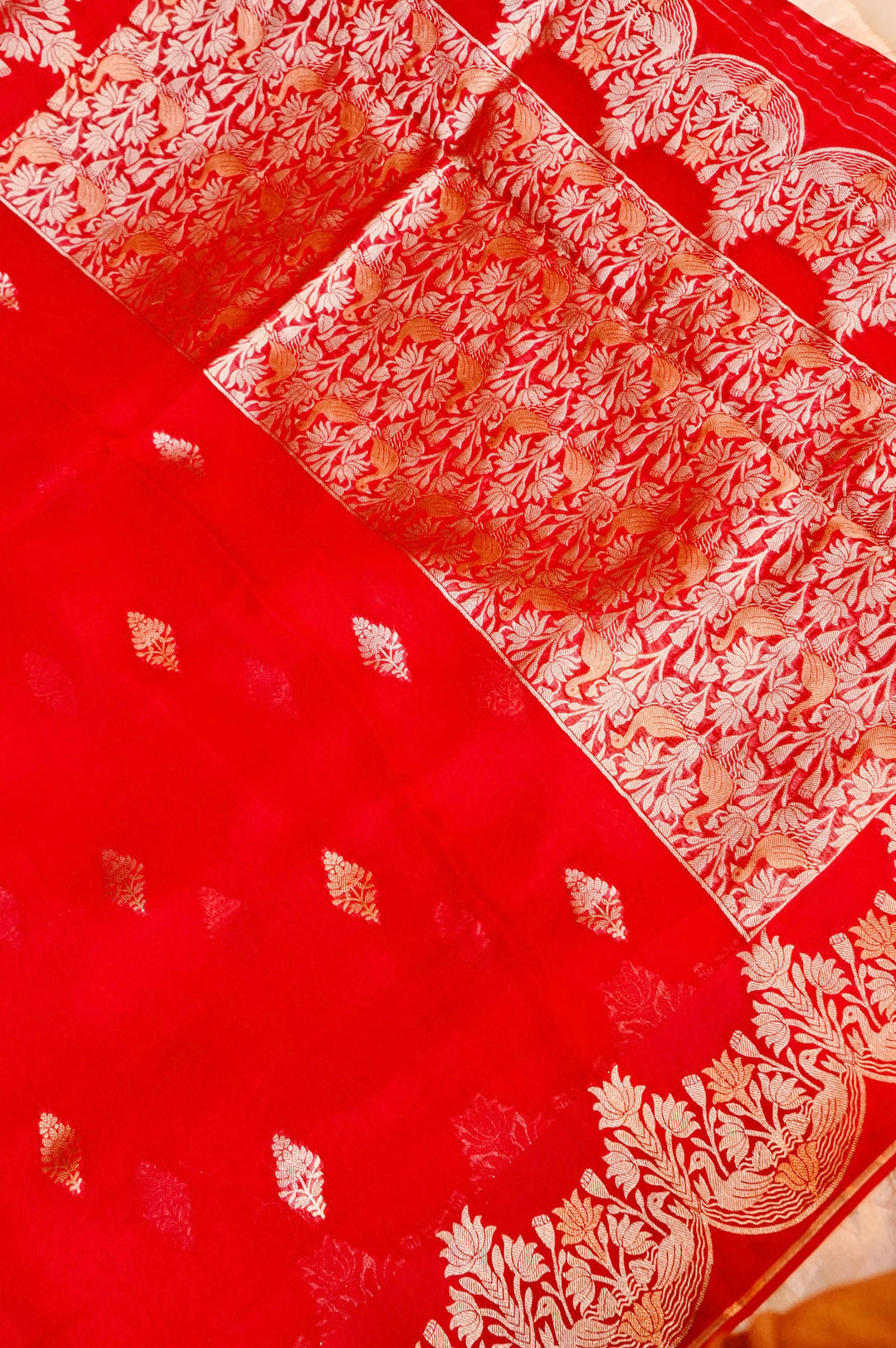 Regal Red Wedding Wear Sonaroopa Muslin Organza Bridal Saree