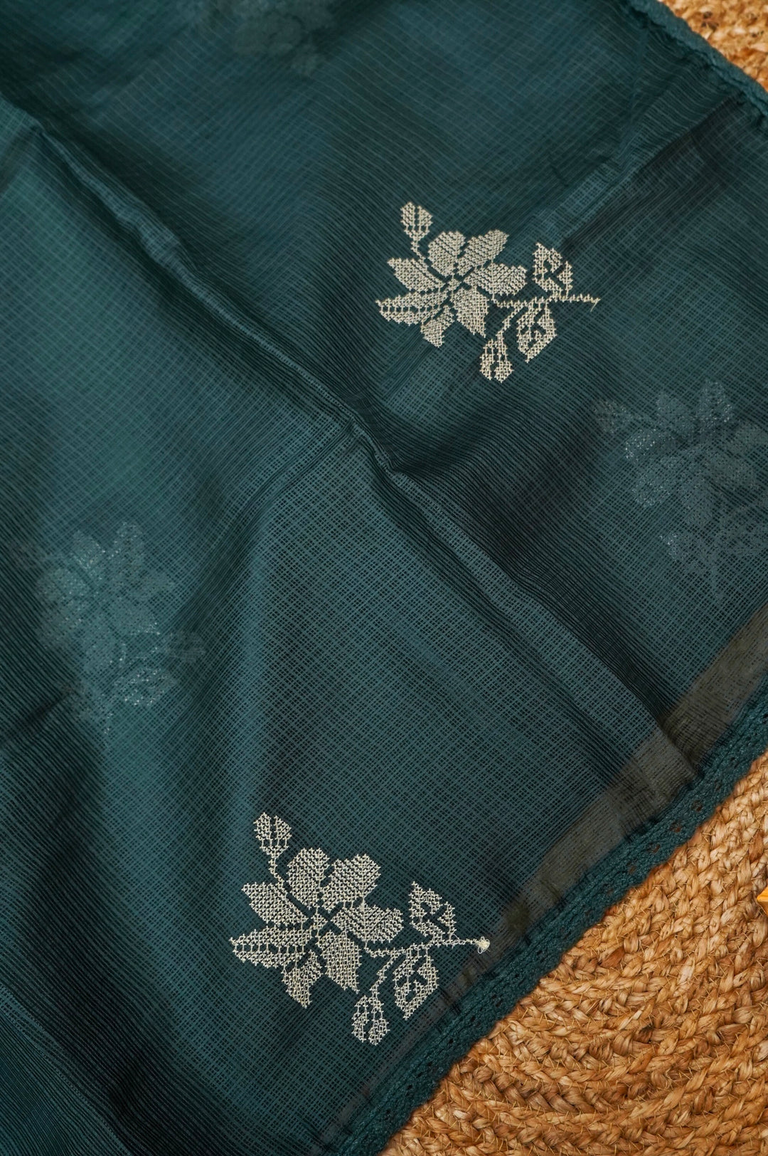 Teal Green Pure Kota Suit Set with Cross Stitch Embroidery View 2