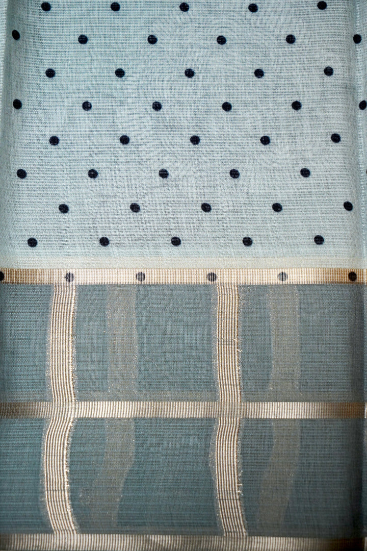 Teal Green Kota Check Saree with Printed Body and Zari Weave Check Border Blouse