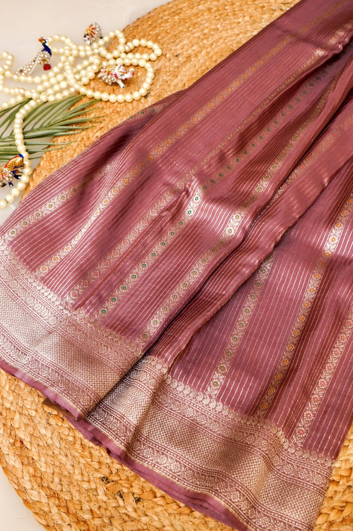 Mauve Banarasi Soft Silk Meenakari Stripes Saree