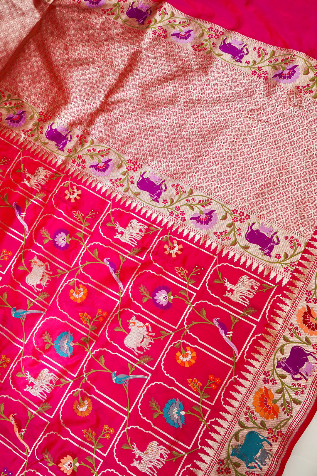 Pure Pink Bridal Banarasi Handloom Katan Silk Kimkhwab Meenakari Saree with Pichwai Inspired Patterns
