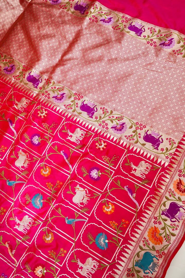 Pure Pink Bridal Banarasi Handloom Katan Silk Kimkhwab Meenakari Saree with Pichwai Inspired Patterns