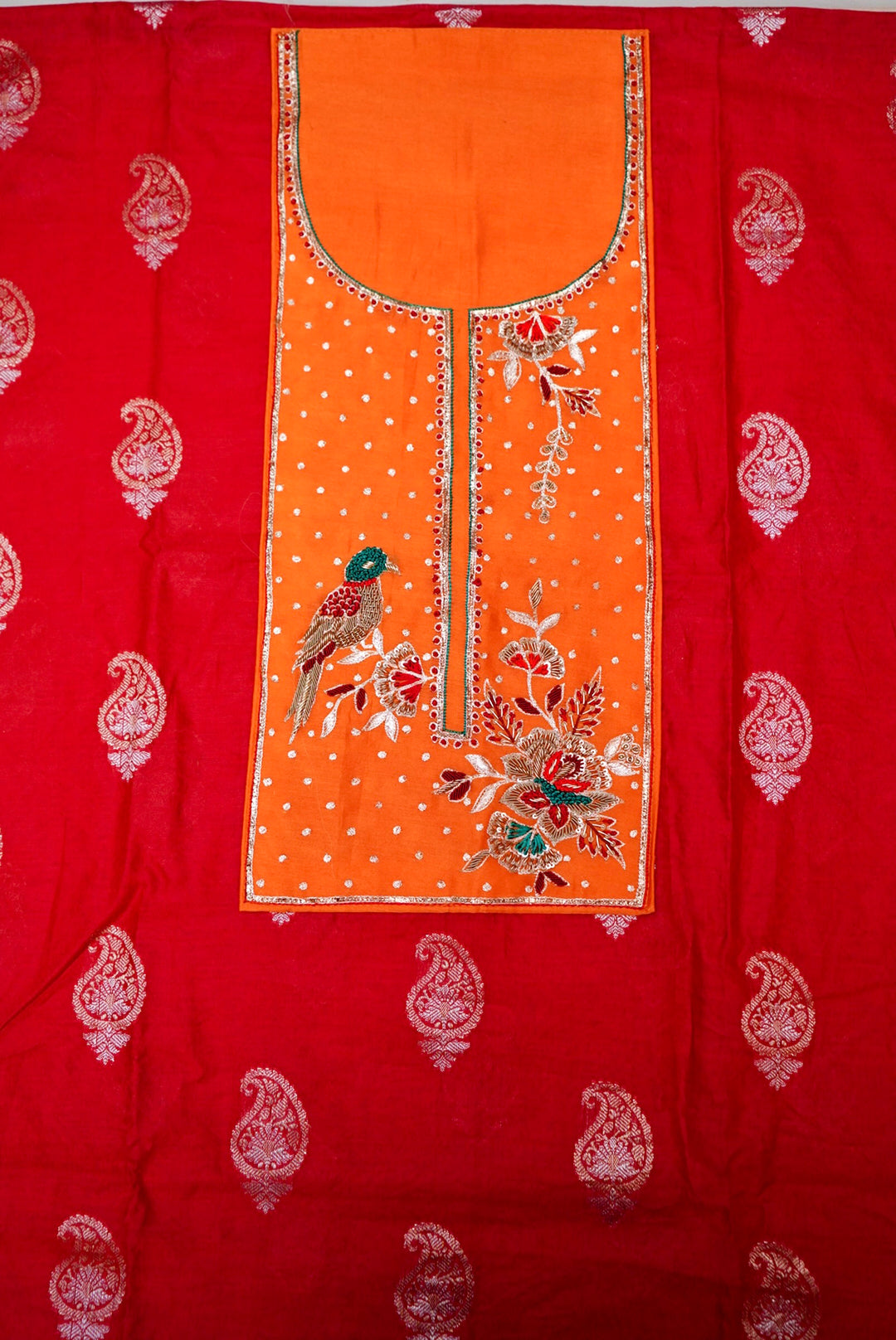 Red Pure Mul Silk Unstitched Suit with Zardozi and Pitta Zari Work