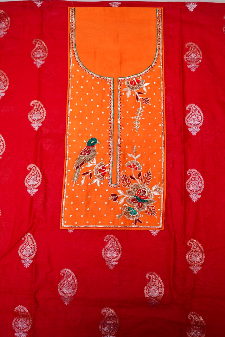 Red Pure Mul Silk Unstitched Suit with Zardozi and Pitta Zari Work