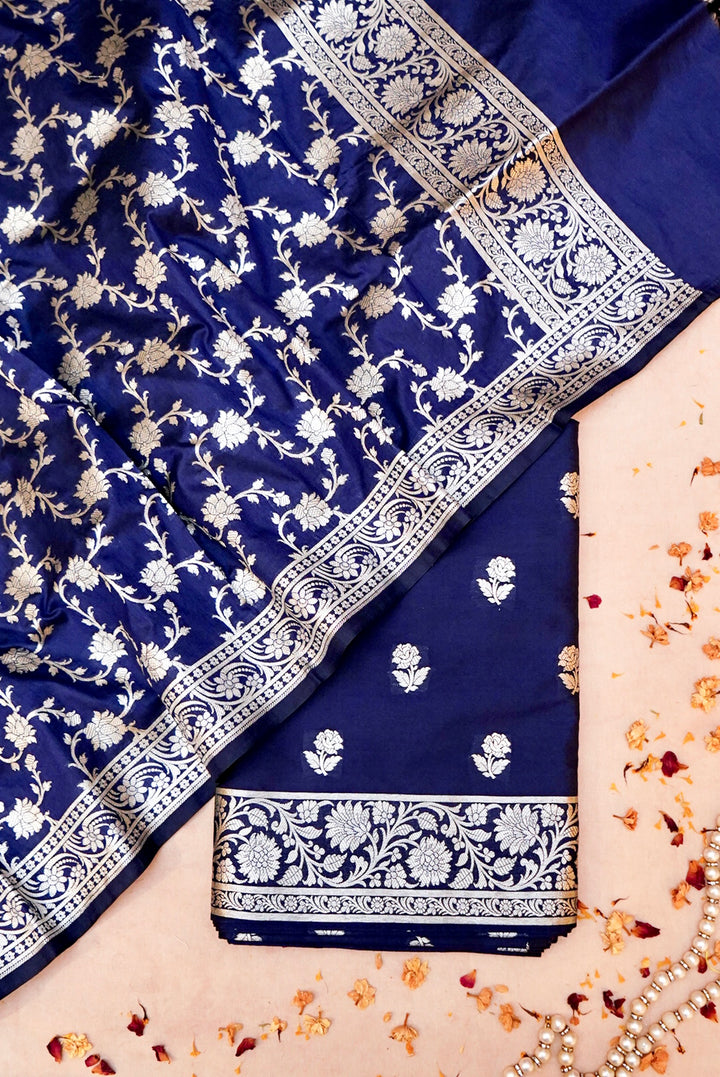 Navy Blue Traditional Banarasi Silk Bootidar Suit with Jaal Dupatta