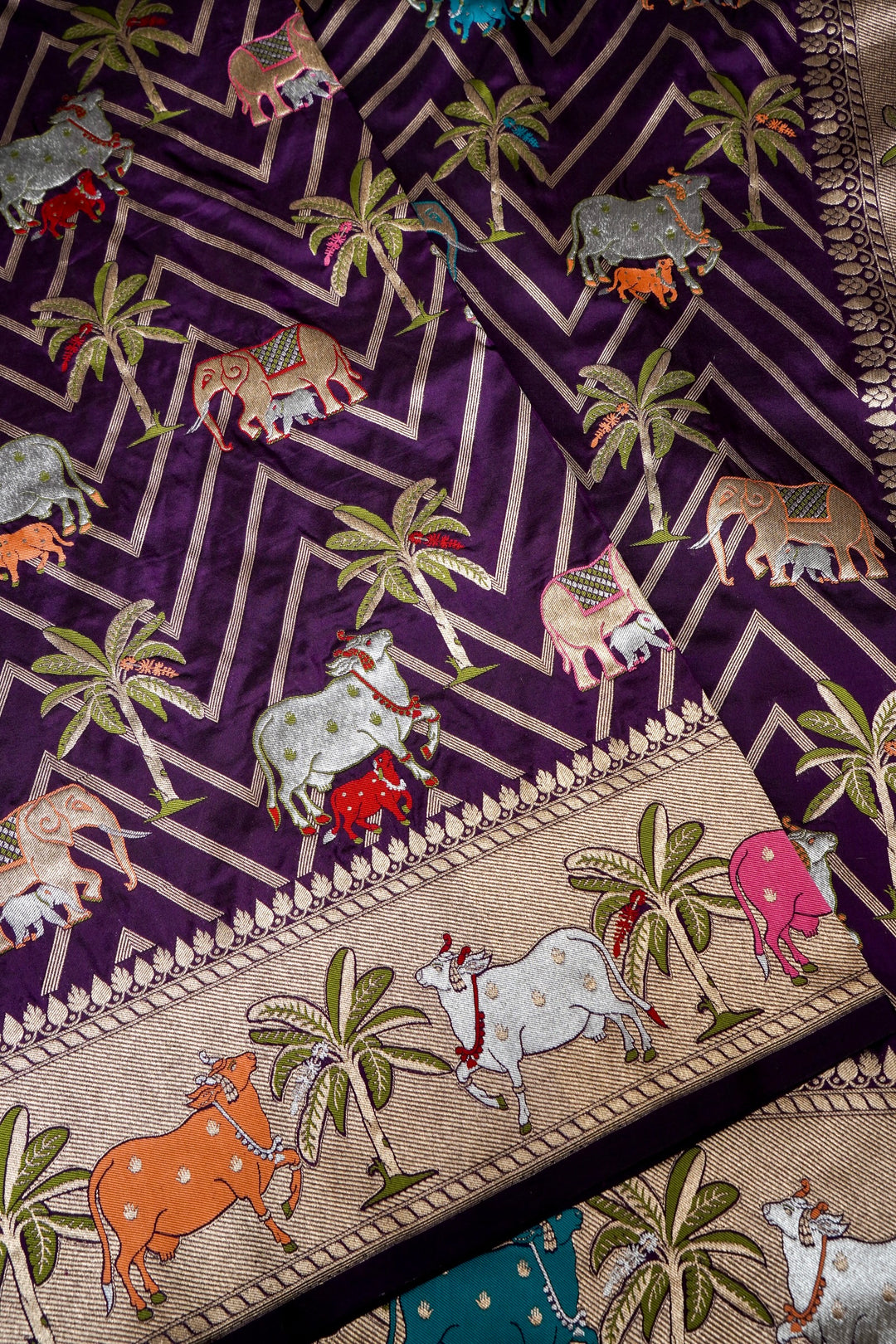 Dark Purple Pure Banarasi Handloom Katan Silk Kimkhwab Meenakari Saree with Pichwai Inspired Patterns