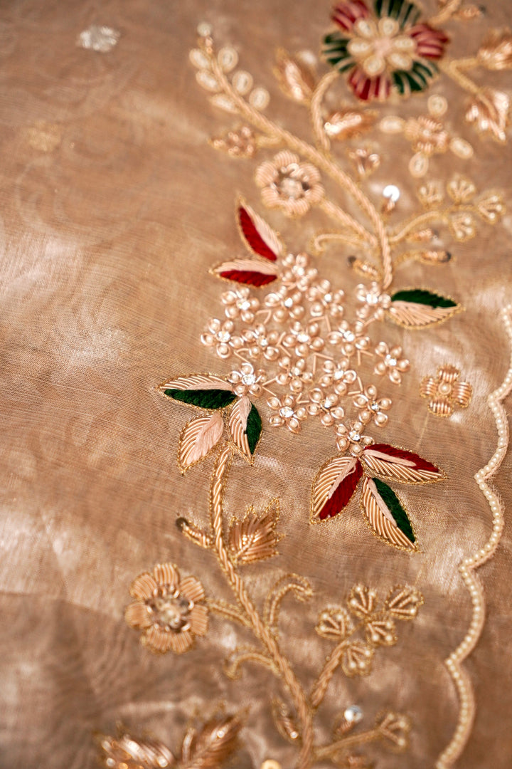 Gold Silver Tissue Silk Saree with Self Tanchoi Weaving Zardozi Resham Embroidery View 7