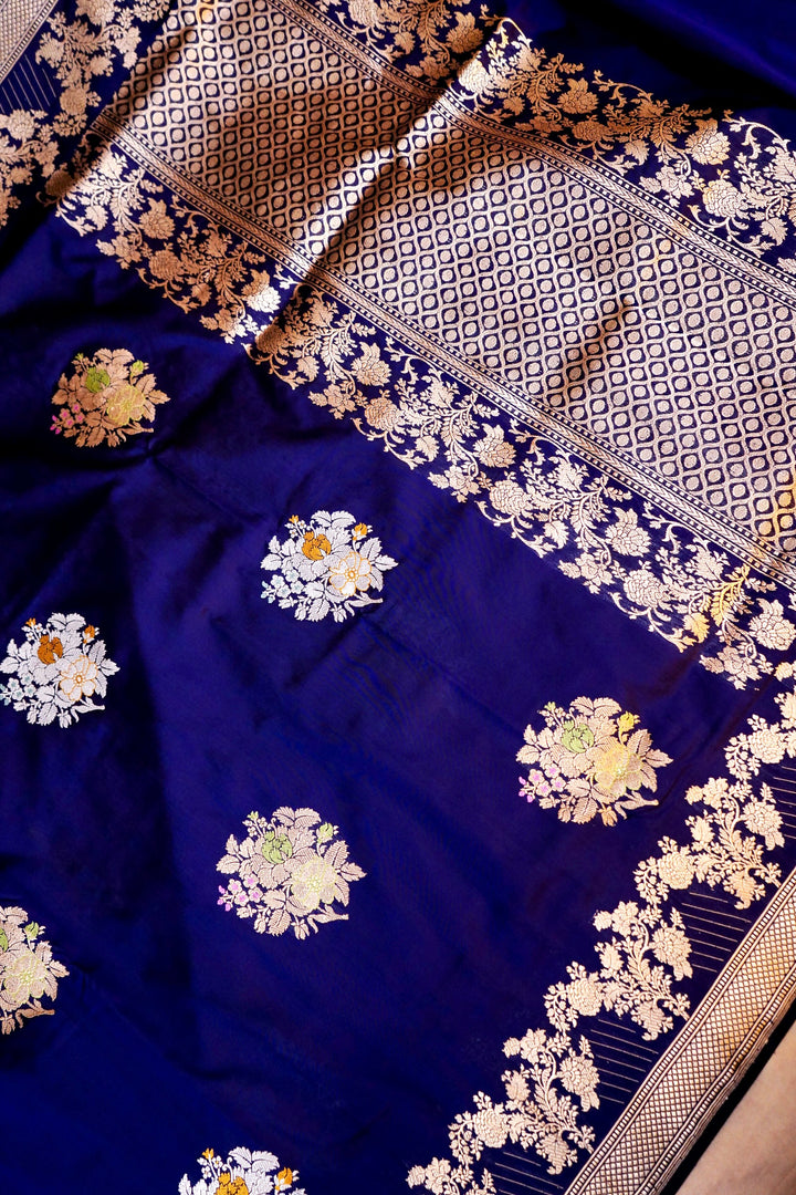 Royal Navy Blue Pure Handloom Katan Silk Kadwa Banarasi Saree