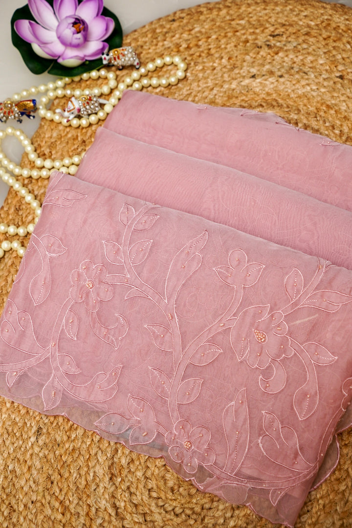 Pastel Pink Organza Tissue Saree with Resham & Pearl Embroidery with Tissue Blouse