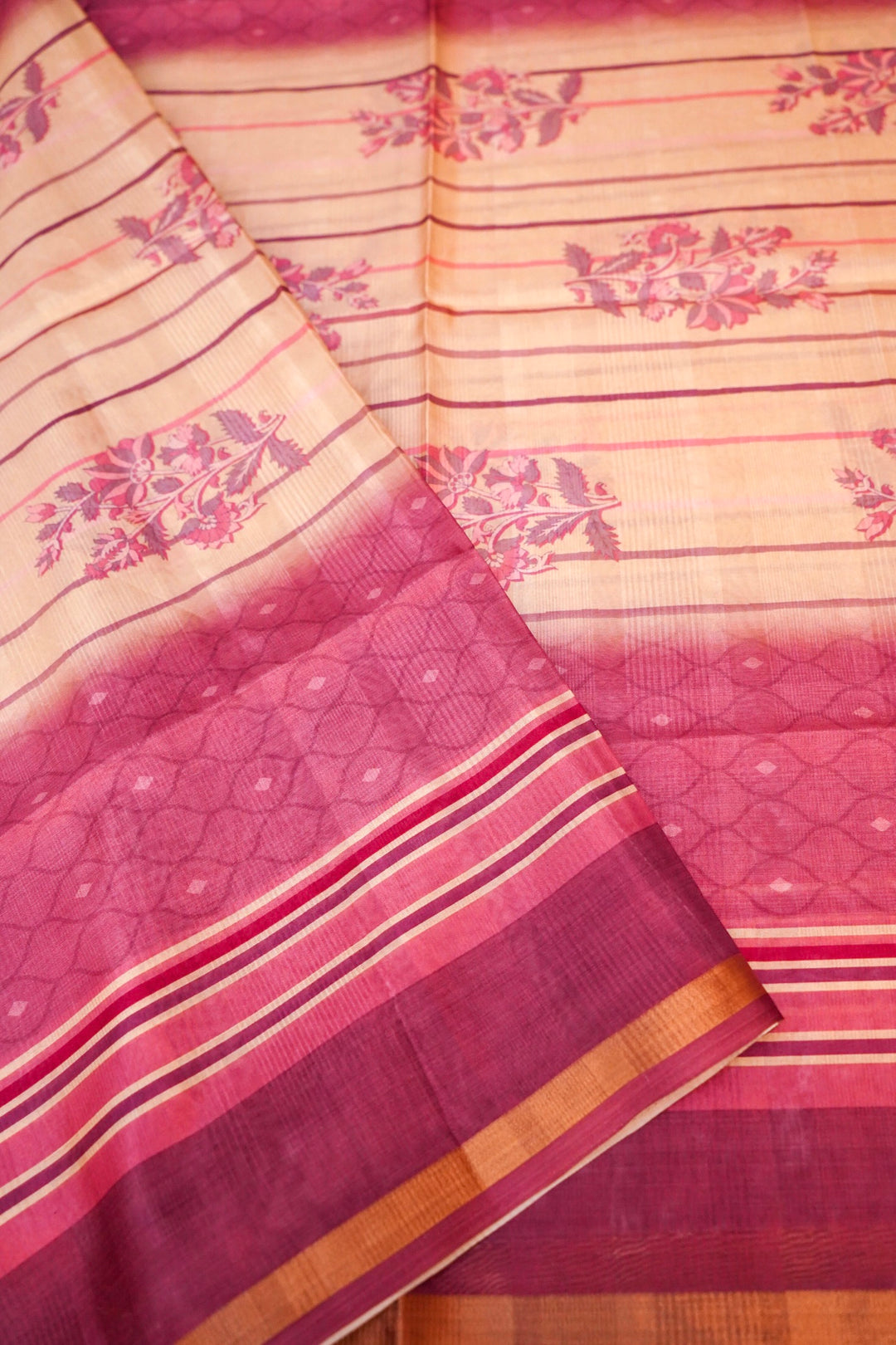 Banarasi Chanderi Tussar Silk Suit with Pink Contrats Dupatta