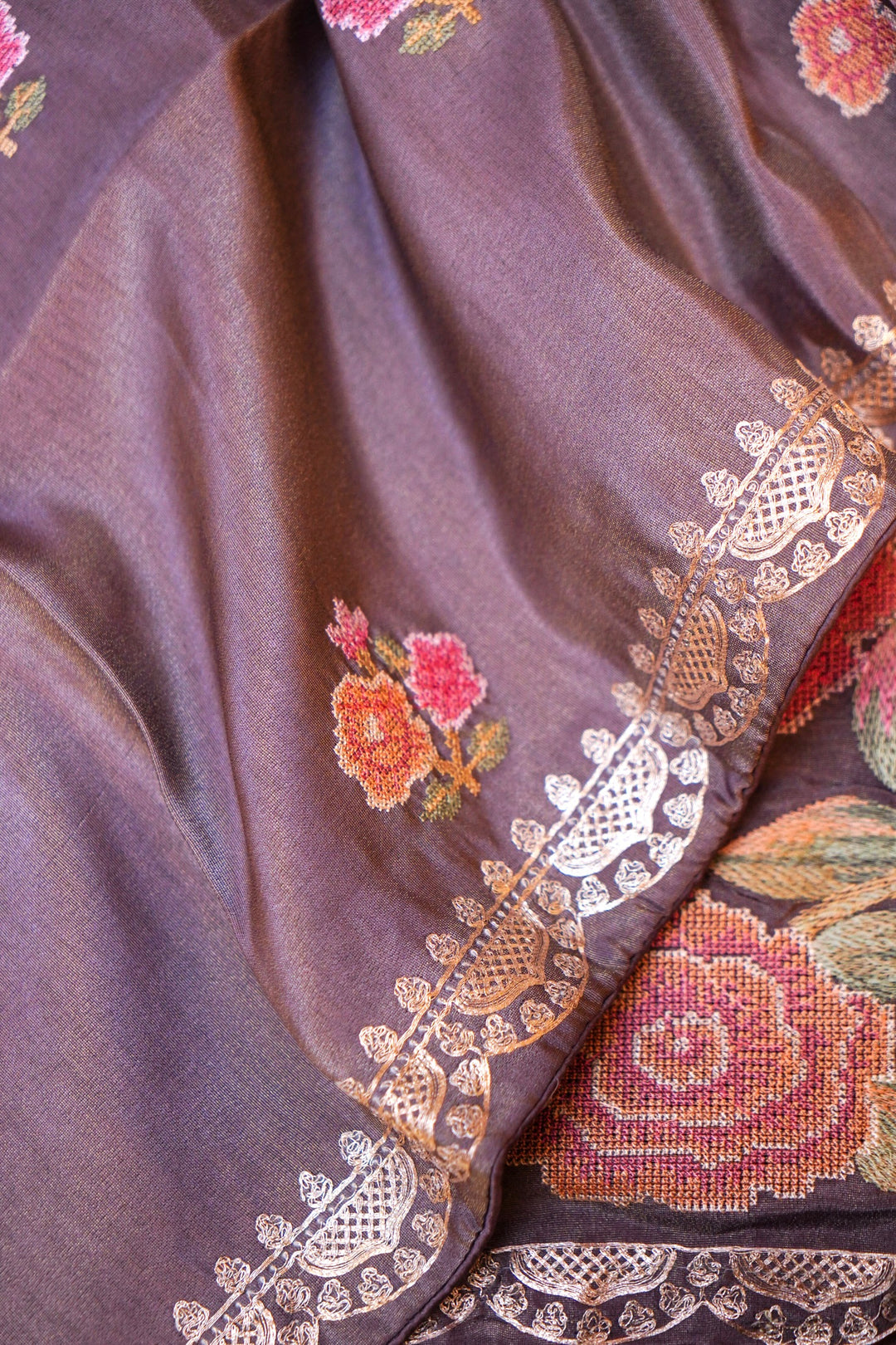 Dark Mauve Crepe Tissue Silk Suit Set with Pitta Zari and embroidery Work