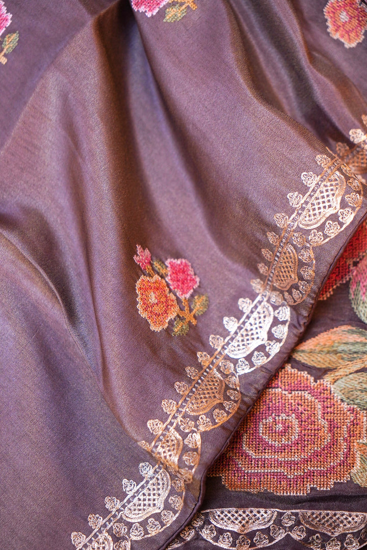 Dark Mauve Crepe Tissue Silk Suit Set with Pitta Zari and embroidery Work