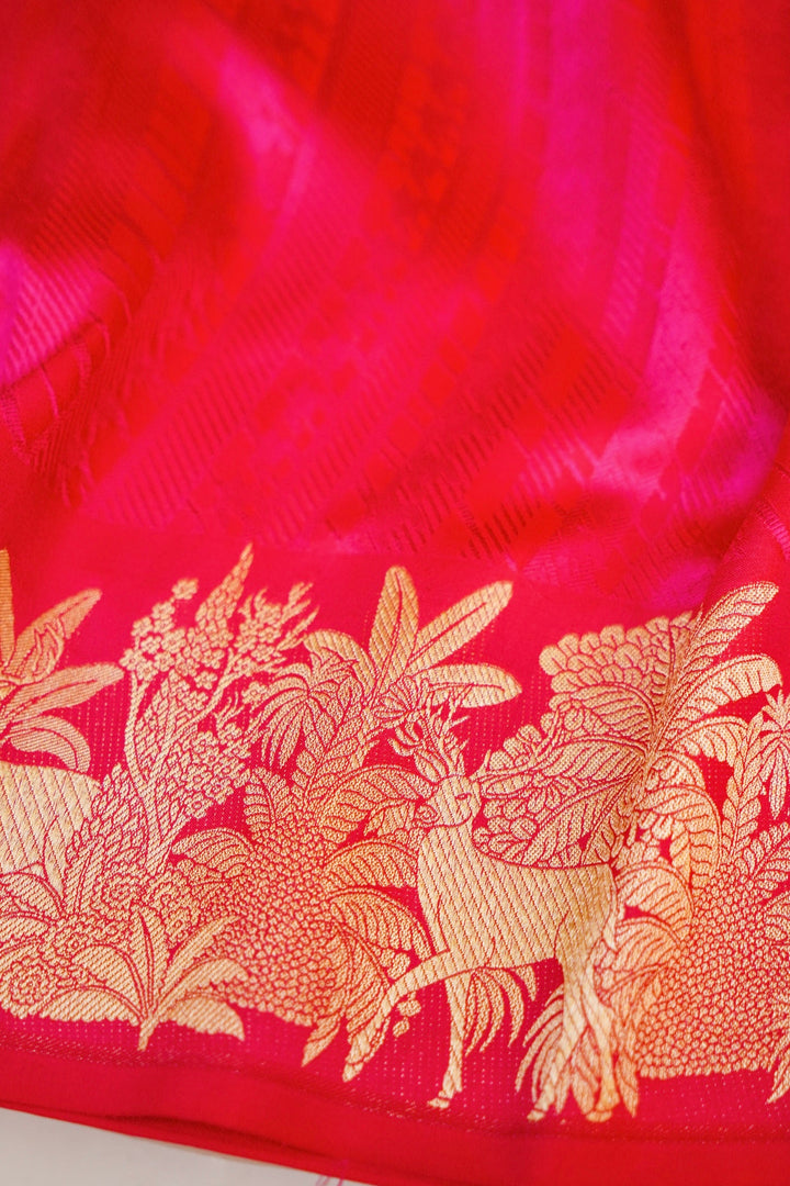 Regal Handwoven Pink Banarasi Pure Katan Silk Saree with Golden Zari Shikargah Border & Pallu