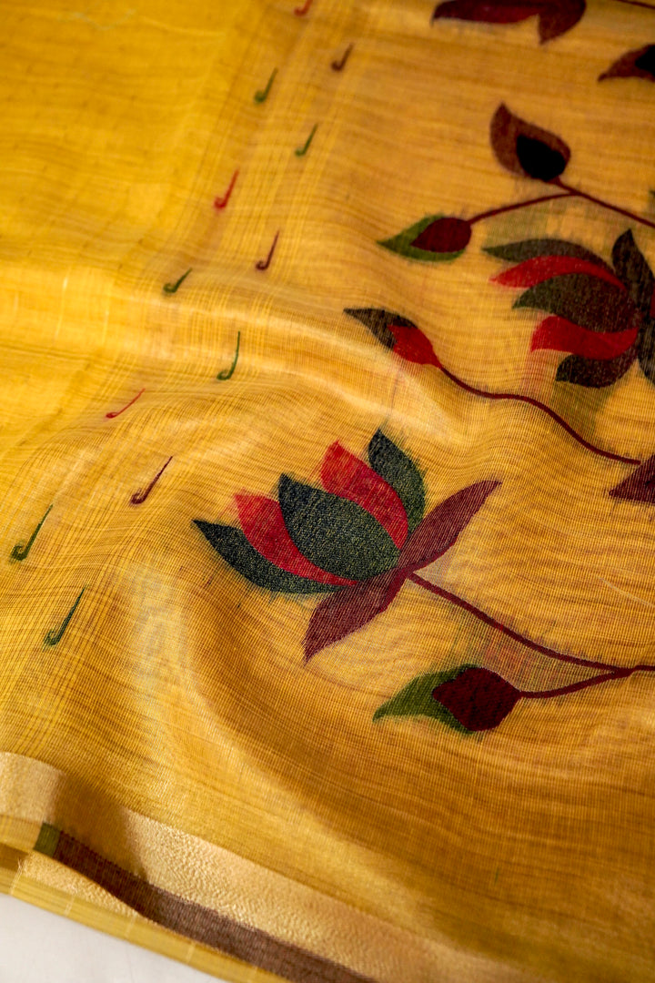 Radiant Yellow Cotton Silk Haldi Saree with Zari Stripe Weave Paithani Pallu View 4