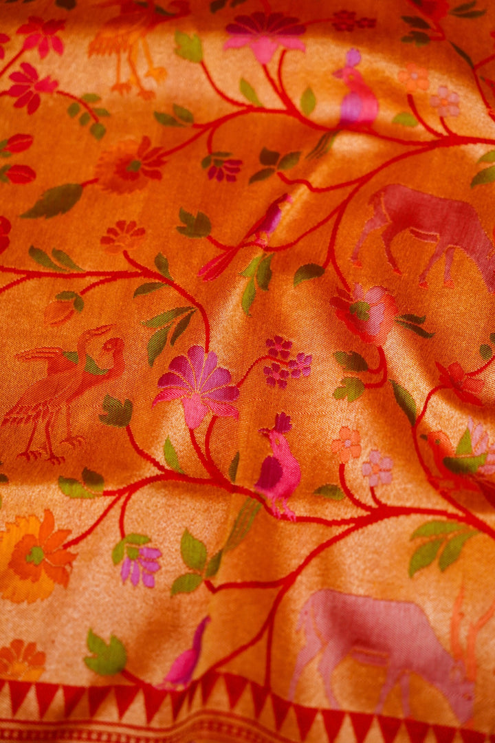 Handwoven Red Banarasi Pure Katan Silk Saree with Golden Zari Woven Animal & Bird Motifs