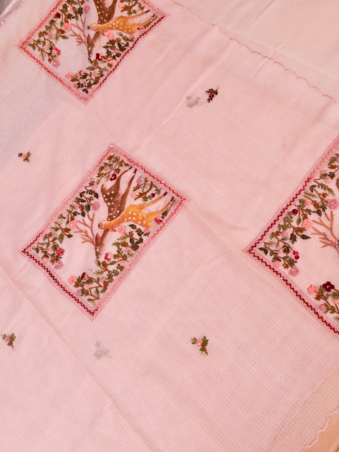 Baby Pink Pure Kota Saree with Kantha Embroidery Hand Painted Motifs View 2
