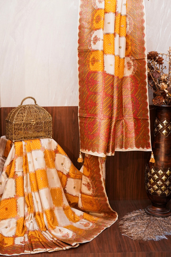Yellow &amp; White Checked Crepe Silk Saree with Bandhani &amp; Meenakari Contrast Border