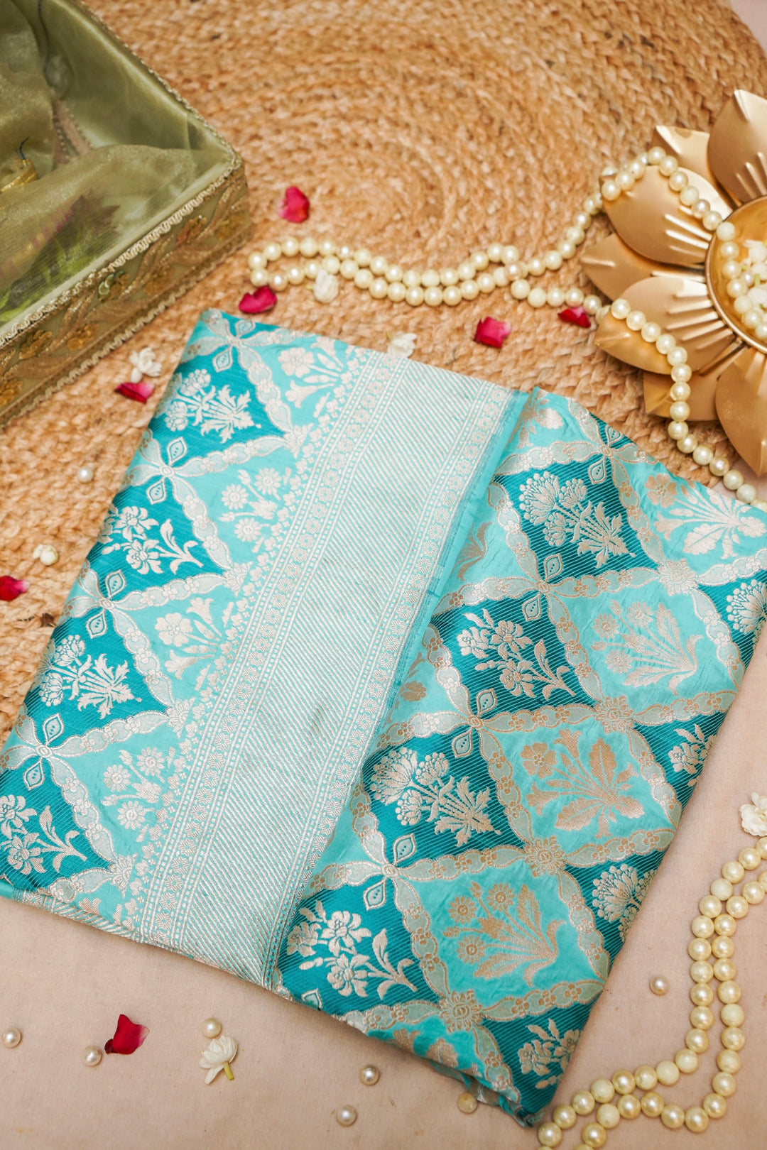 Turquoise Blue Rangkaat Bloom Pure Katan Silk Banarasi Saree View 1