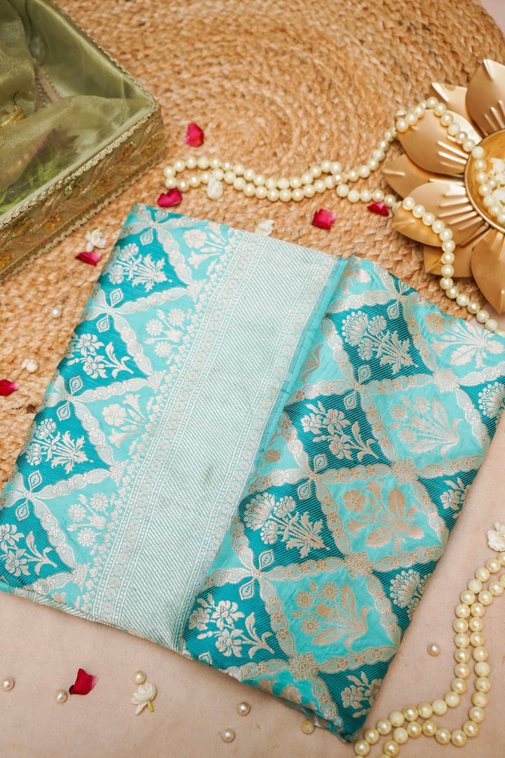 Turquoise Blue Rangkaat Bloom Pure Katan Silk Banarasi Saree View 1