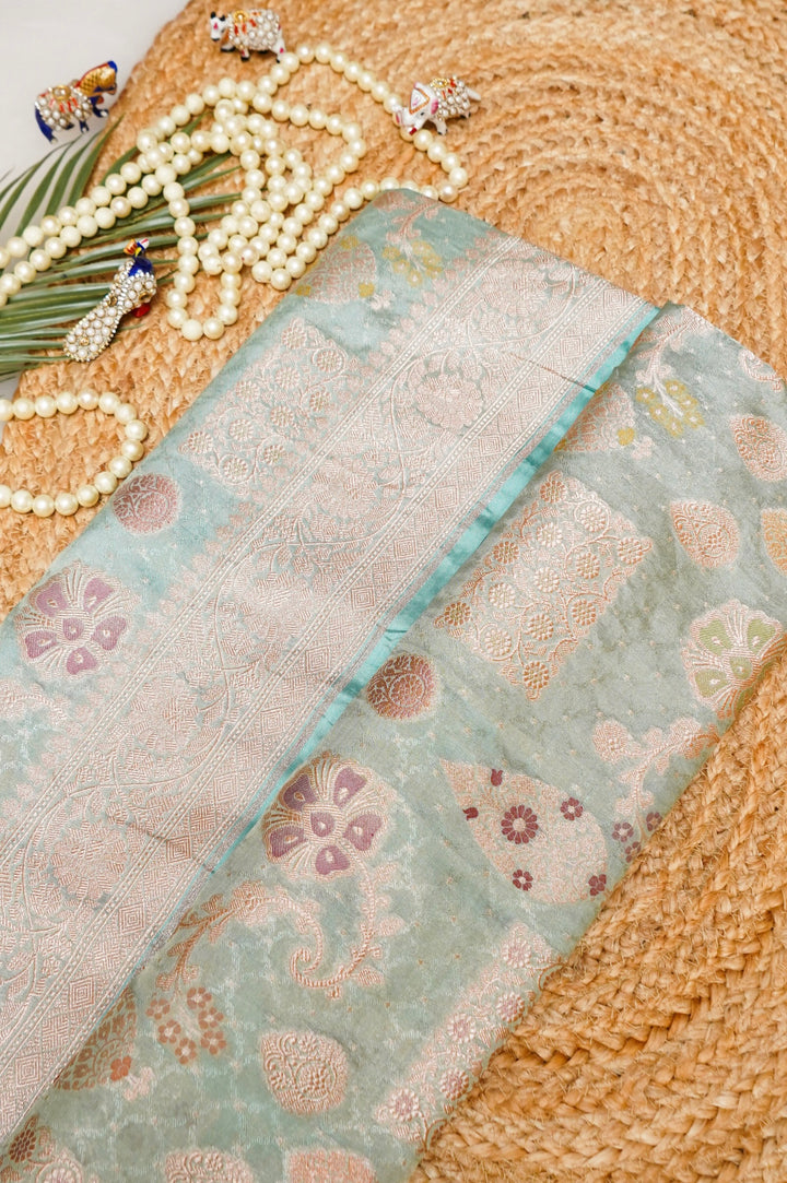 Handwoven Sea Green Pure Tissue Katan Silk Meenakari Jangla Saree