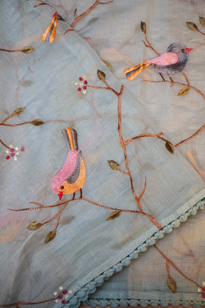 Sky Blue Chanderi Silk Suit Set with Thread Embroidery Work