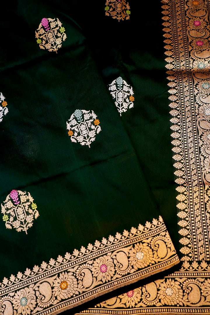 Bottle Green Pure Handloom Katan Silk Kadwa Banarasi Saree with Meenakari Motifs