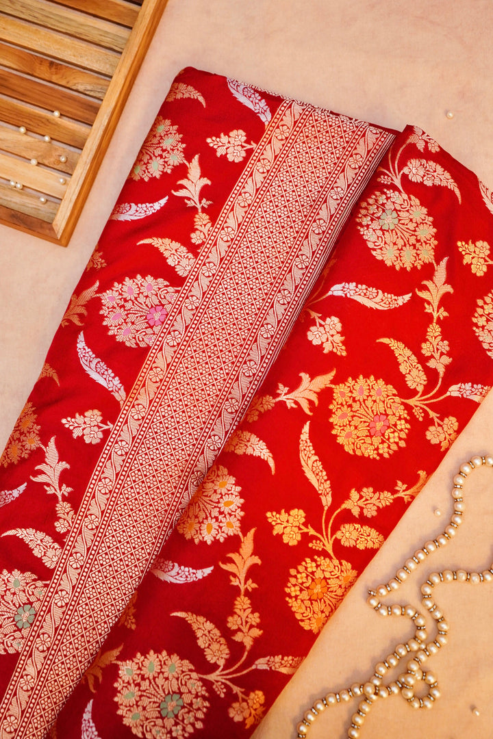 Regal Red Bridal Banarasi Pure Katan Silk Meenakari Jangla Saree
