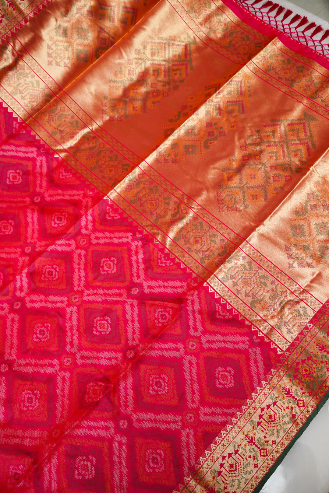 Pink Soft Silk Ikat Inspired Bridal Saree with Golden Zari Heavy Border & Pallu