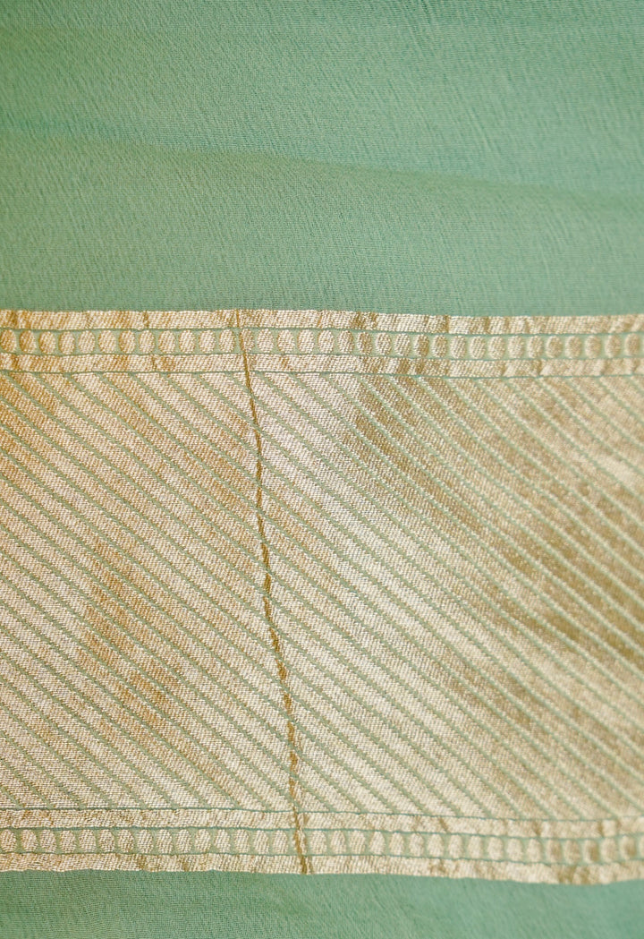 Handwoven Pure Khaddi Georgette Sage Green Chevron Pattern Saree View 6