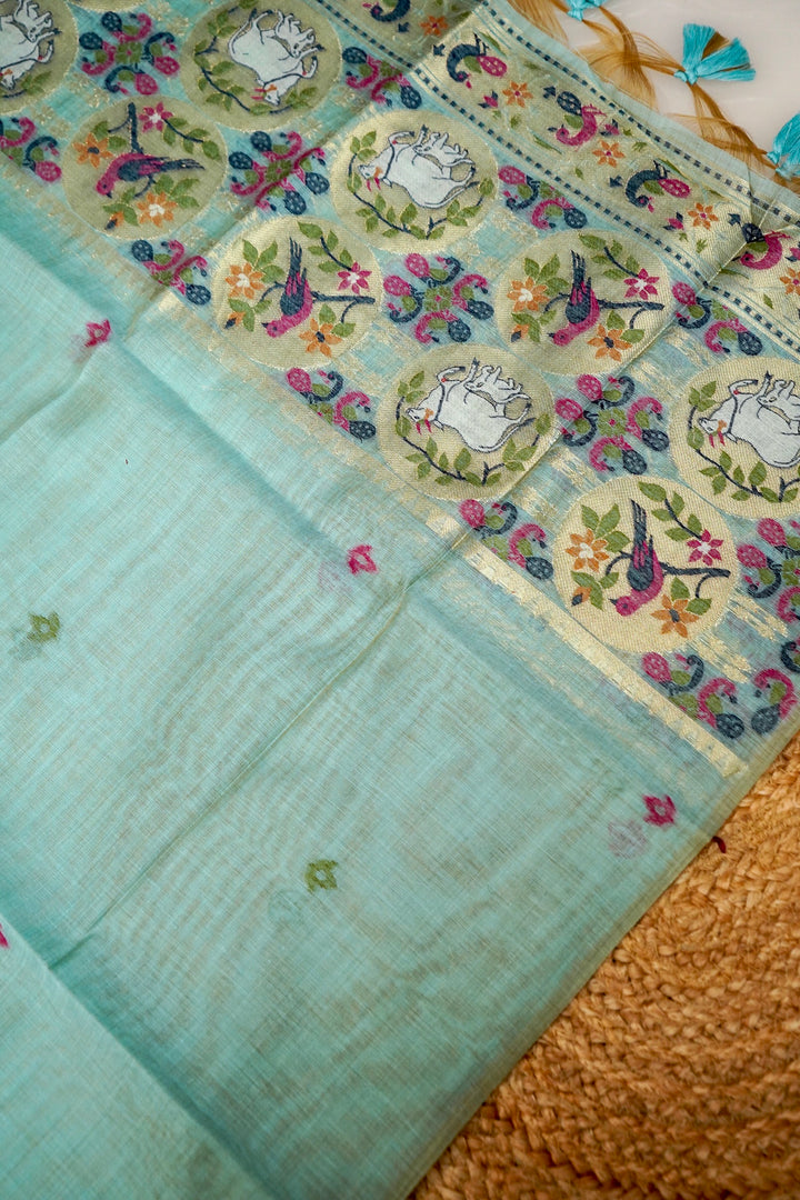 Sky Blue Floral Woven Unstitched Suit Set with Bird Motif Dupatta