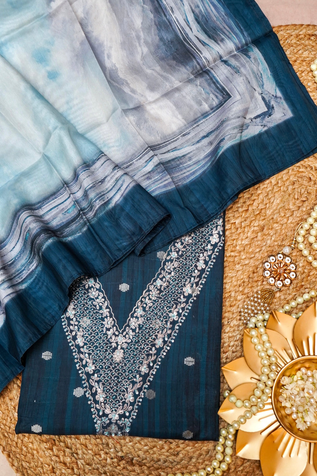 Teal Blue Chanderi Silk Suit Set with Pitta Zari Embroidery View 1