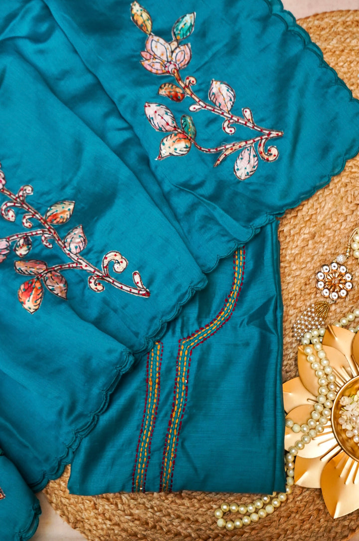 Peacock Green Crepe Silk Suit Set with Appliqué and Kantha Embroidery Cover View 1