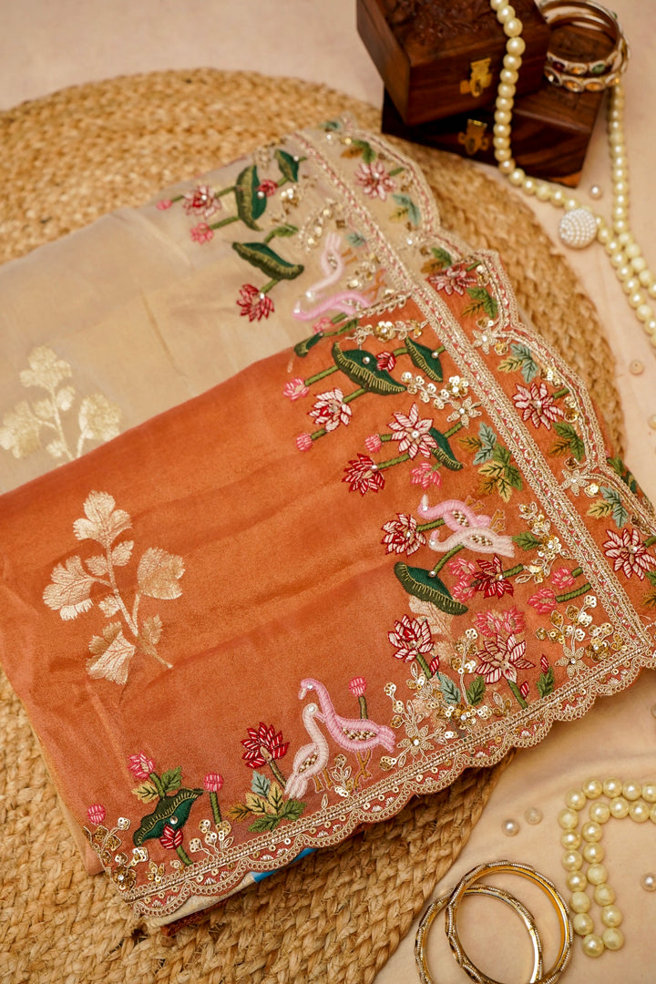 Beige Gold and Orange Lehenga Pattern Half Half Tissue Silk Meenakari Embroidery Saree View 3