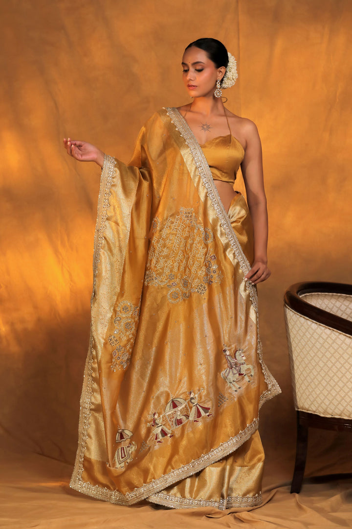 golden pure tissue silk gayatri mantra written with baarat inspired pallu scallop lace border front view 2