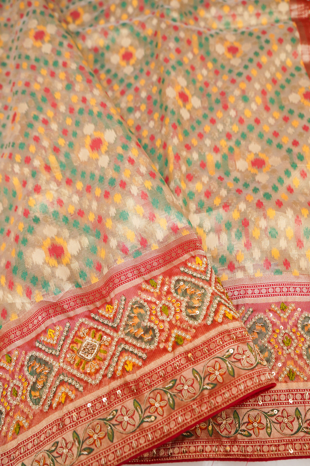 Pure Banarasi Tissue Ikkat Weaving Saree with Hand Zardozi Embroidery