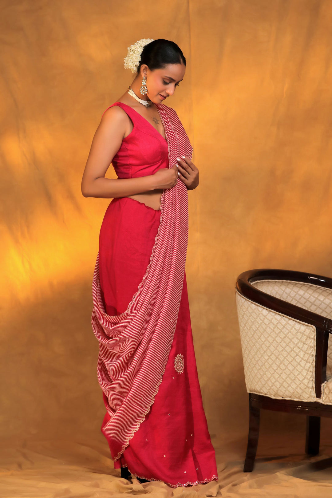 pink crepe silk geometric strip mirror work saree side view