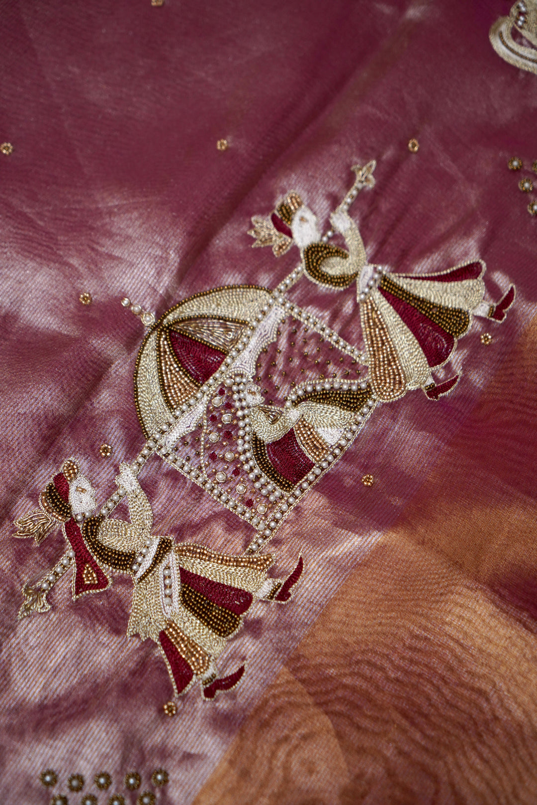 Royal Copper Gold Maharani Tissue Silk Saree with Gayatri Mantra &amp; Baraat Inspired Pallu