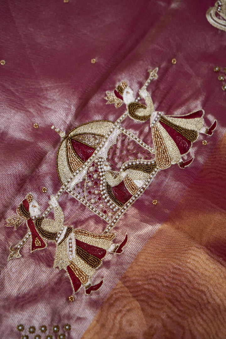 Royal Copper Gold Maharani Tissue Silk Saree with Gayatri Mantra &amp; Baraat Inspired Pallu