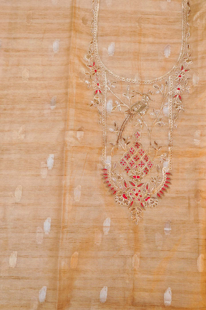 Unstitched Beige Gold Pure Chanderi Silk Suit with Pink Contrast Dupatta