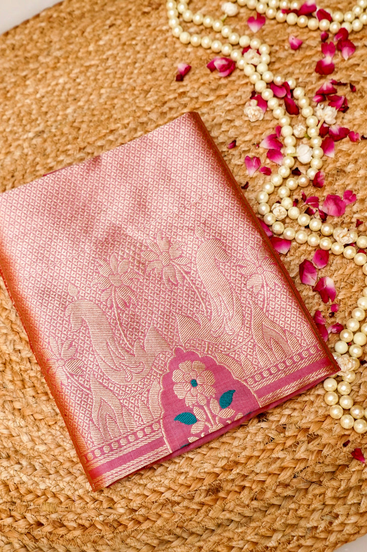 Pure Katan Silk Co-Ord Set Fabric – Royal Floral Heritage Panel | Gold Zari &amp; Meenakari Thread Weave | Pastel Pink