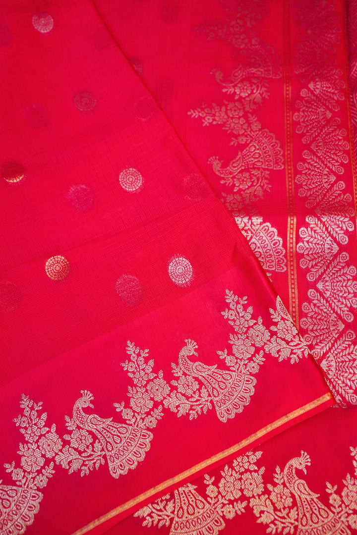 Pink Bridal Kota Check Saree with Birds Motif Silk Border
