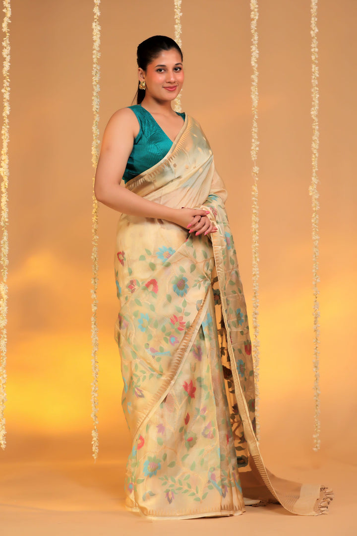beige kota silk meenakari figure motif saree with silk weaving border side view 1
