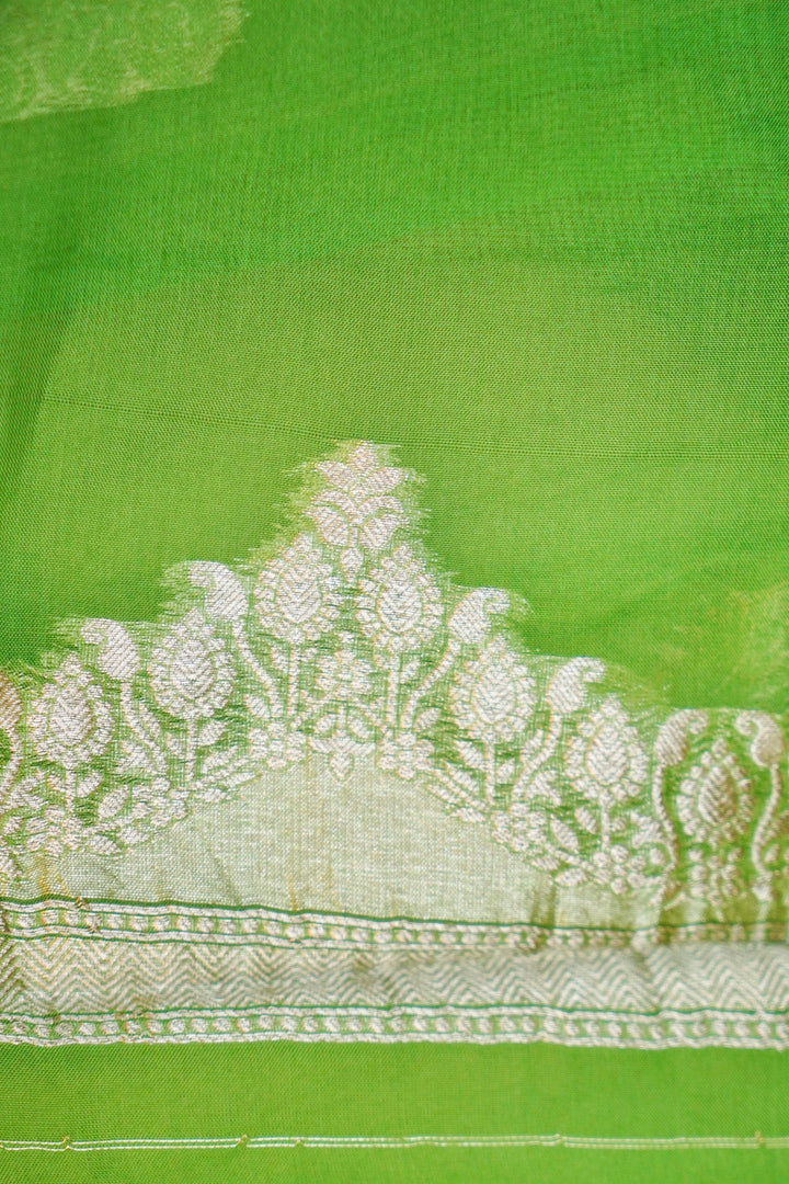 Light Green Banarasi Kora Silk Saree with Zari Woven Laheriya Border