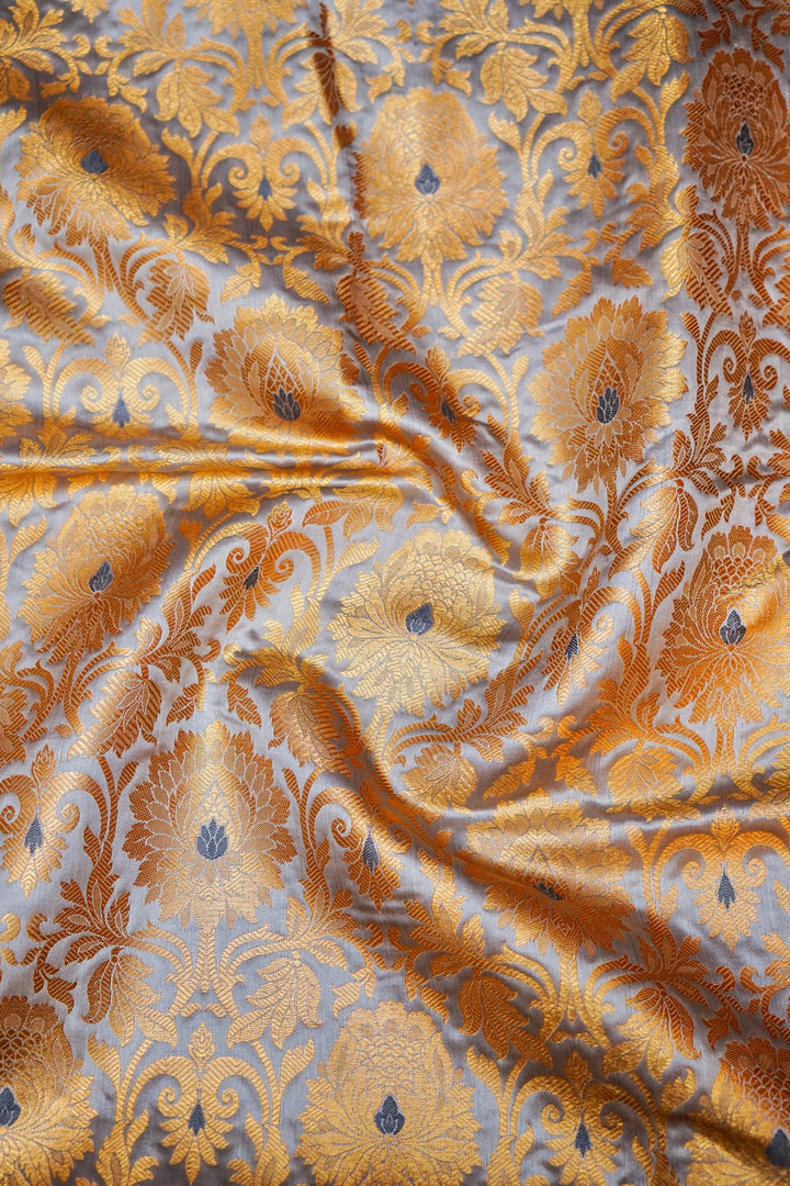 Handwoven Banarasi Grey Katan Silk Brocade Fabric