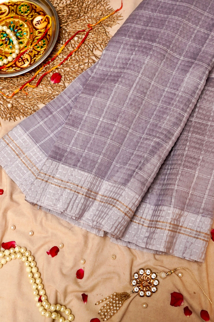 Grey Checkered Grace Pure Banarasi Silk Organza Saree View 1