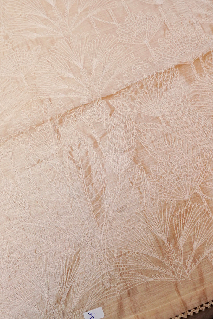 Off-White Tussar Silk Suit with Resham Embroidery and Zari Stripe Dupatta