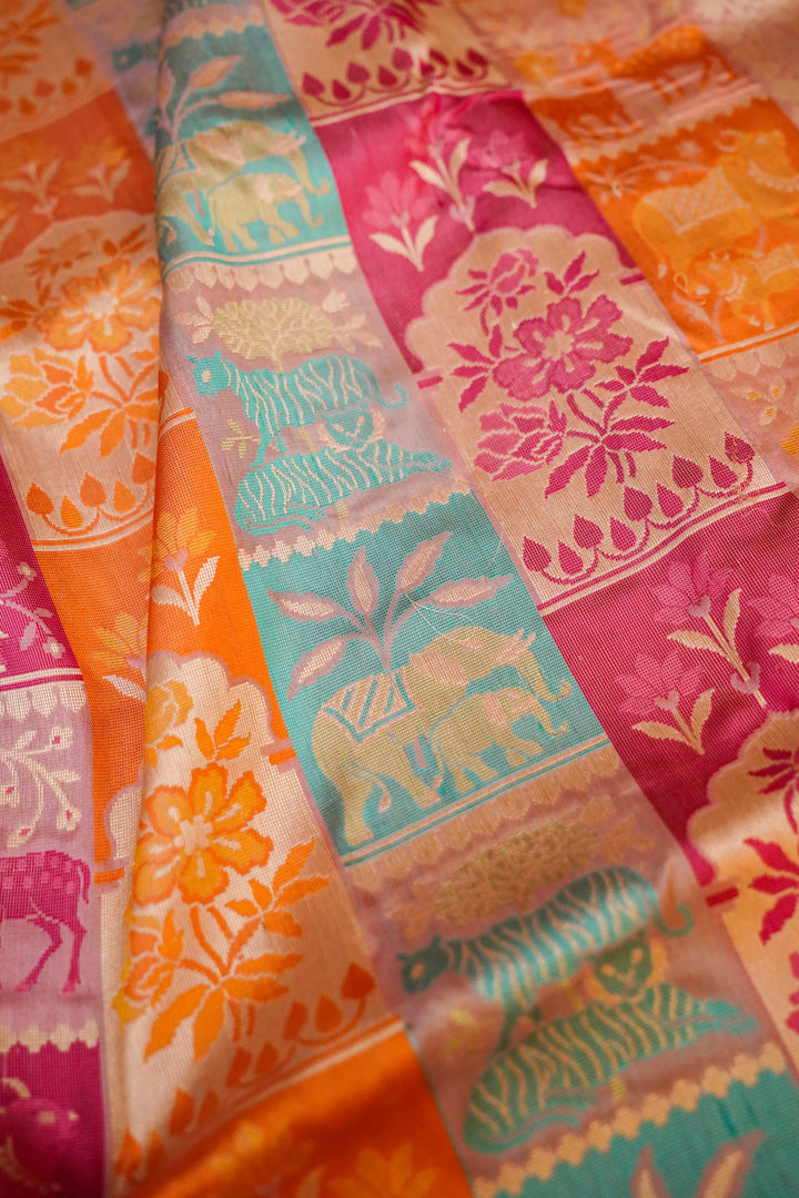 Handwoven Rangkat Banarasi Pure Katan Silk Saree with Zari & Thread Woven Animal Motif