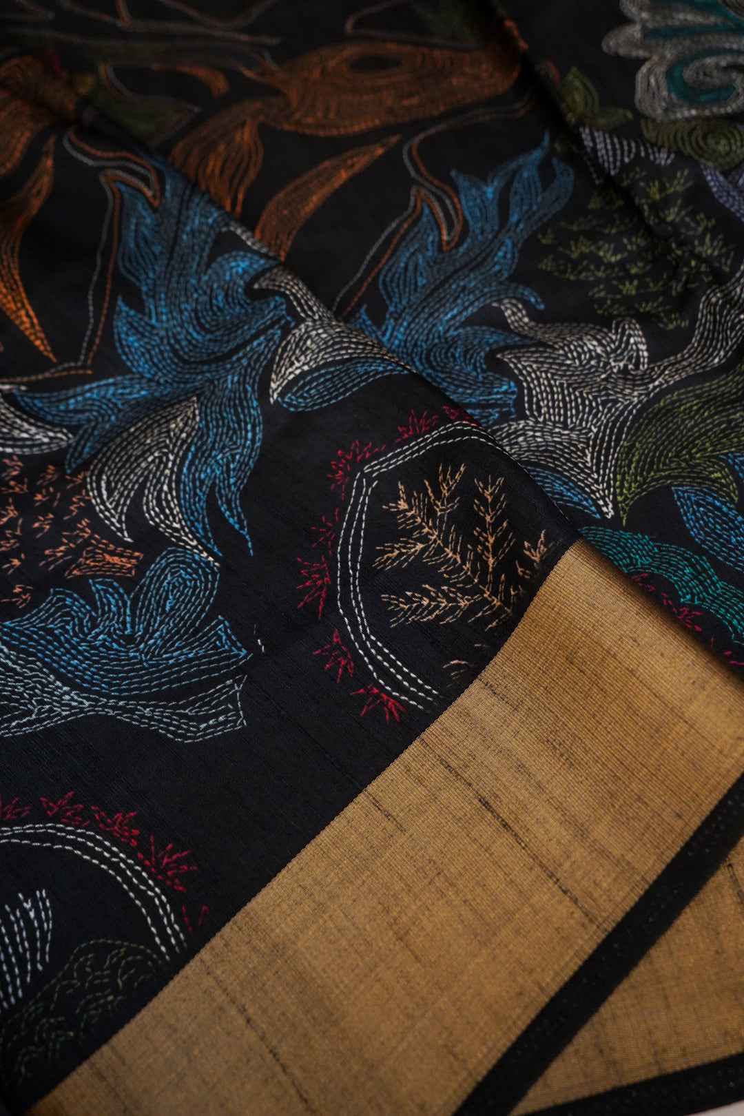 Black Tussar Silk Saree with Ajrak Animal Motif &amp; Meenakari Bootidar Weaving
