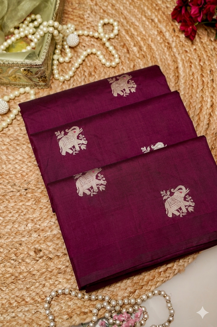Luxe Wine Handwoven Banarasi Pure Puna Silk Saree with Zari Elephant Motifs