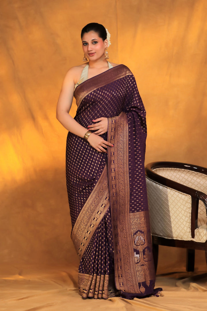 dark purple chinon georegette zari weave shikargah border meenakari saree front view 1